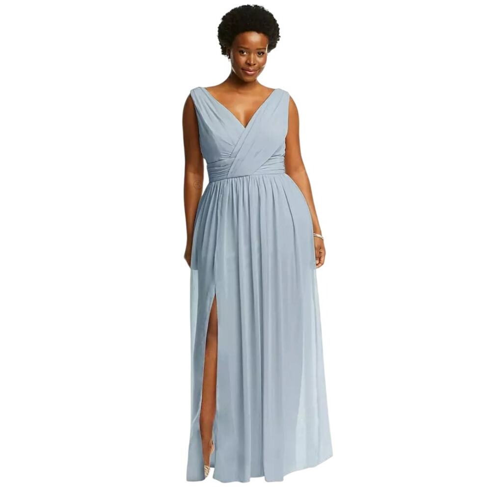 Dessy Collection Sleeveless Draped Chiffon Maxi Dress w/ Front Slit Mist 10 NWT
